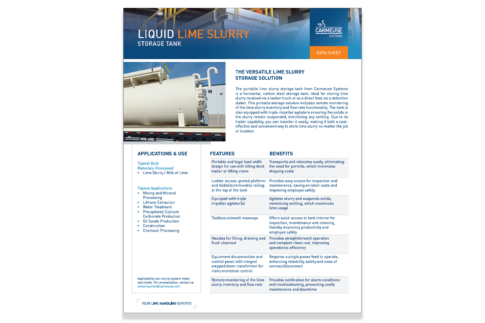 Liquid Lime Slurry Storage Tank Data Sheet