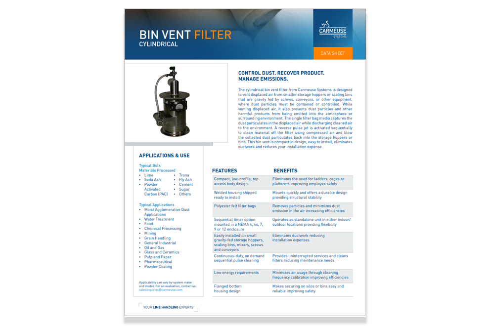 Cylindrical Bin Vent Filter Data Sheet