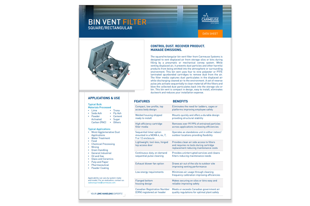 Rectangular or Square Bin Vent Filter Data Sheet