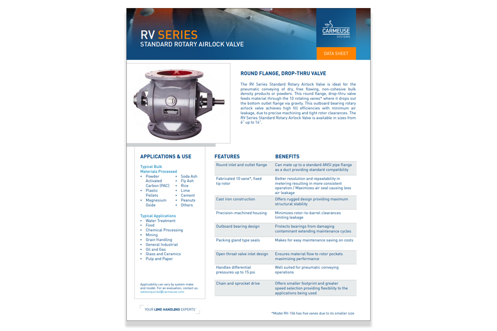 RV Series Standard Rotary Airlock Valve Data Sheet