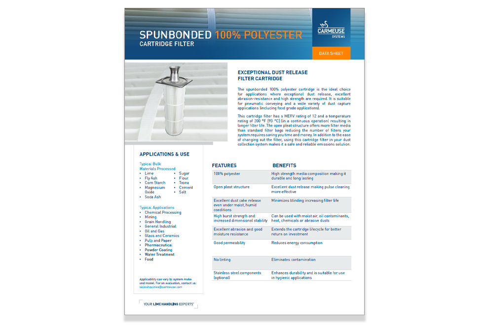 Spunbonded 100% Polyester Cartridge Filter Data Sheet
